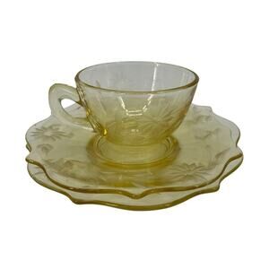 Vintage Lancaster Jubilee Depression Glass Set Flower Plates & Teacup Yellow